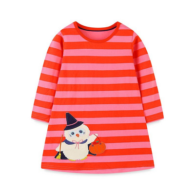 Girls' Halloween Long-Sleeve Striped T-Shirt Dress, Cartoon Embroidery, Soft Fabric, Ideal for Parties and Daily Wear, Autumn