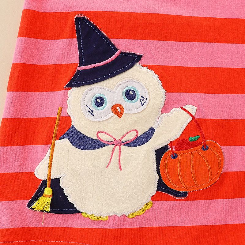 Girls' Halloween Long-Sleeve Striped T-Shirt Dress, Cartoon Embroidery, Soft Fabric, Ideal for Parties and Daily Wear, Autumn