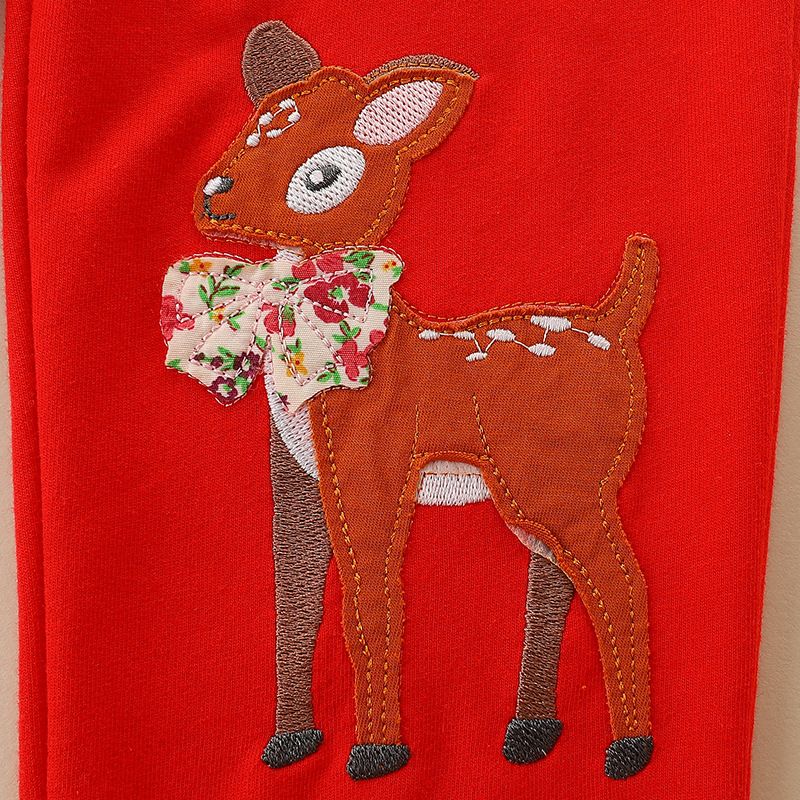 Girls' Autumn Winter Pants, Red Long Pants with Cartoon Deer Embroidery, Perfect for Casual Daily and Outdoor Wear