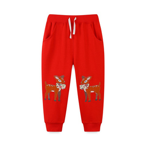 Girls' Autumn Winter Pants, Red Long Pants with Cartoon Deer Embroidery, Perfect for Casual Daily and Outdoor Wear