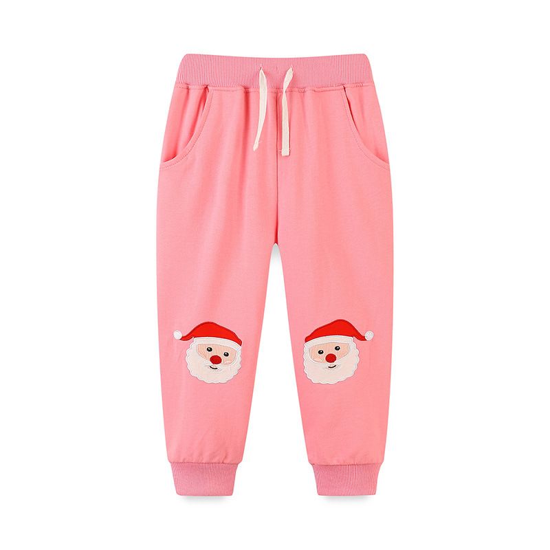 Girls' Autumn Winter Christmas Cartoon Santa Claus Pink Long Pants, Elastic Waist Design, Casual and Warm Trousers