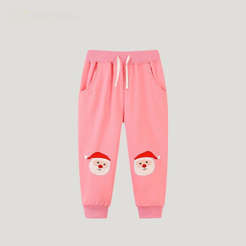 Girls' Autumn Winter Christmas Cartoon Santa Claus Pink Long Pants, Elastic Waist Design, Casual and Warm Trousers