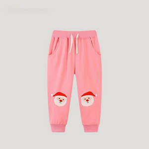 Girls' Autumn Winter Christmas Cartoon Santa Claus Pink Long Pants, Elastic Waist Design, Casual and Warm Trousers