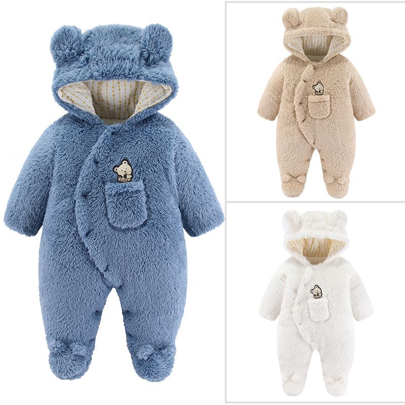 Winter Baby Jumpsuit Cute Bear Ears Fleece Warm Jacket Newborn Outdoor Thick Romper Cotton Suit