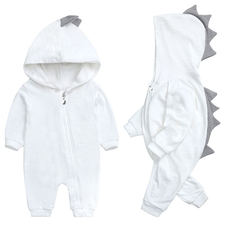 Spring and Autumn Baby Hooded Dinosaur Design Cotton Jumpsuit, Long-Sleeve Zippered Warm Romper for Outdoor Wear