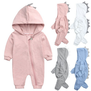 Spring and Autumn Baby Hooded Dinosaur Design Cotton Jumpsuit, Long-Sleeve Zippered Warm Romper for Outdoor Wear