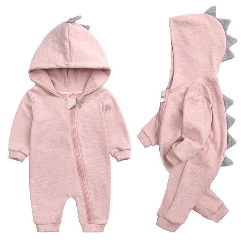 Spring and Autumn Baby Hooded Dinosaur Design Cotton Jumpsuit, Long-Sleeve Zippered Warm Romper for Outdoor Wear