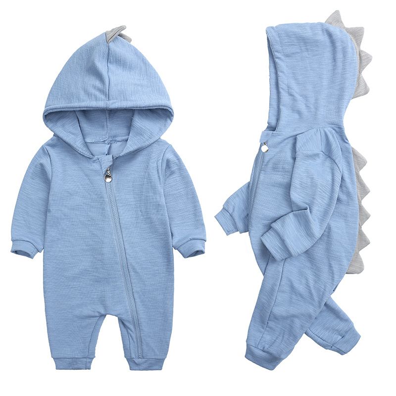 Spring and Autumn Baby Hooded Dinosaur Design Cotton Jumpsuit, Long-Sleeve Zippered Warm Romper for Outdoor Wear