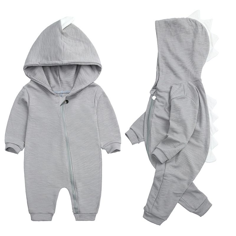 Spring and Autumn Baby Hooded Dinosaur Design Cotton Jumpsuit, Long-Sleeve Zippered Warm Romper for Outdoor Wear