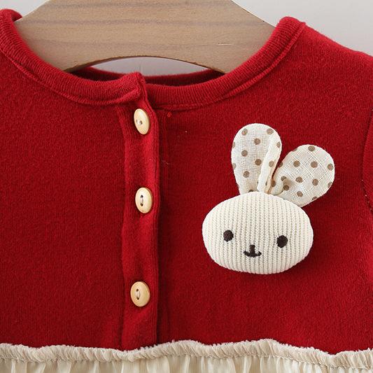 Girls long-sleeved rabbit decorated princess skirt fleece lined warm fluffy skirt cute fashionable autumn and winter