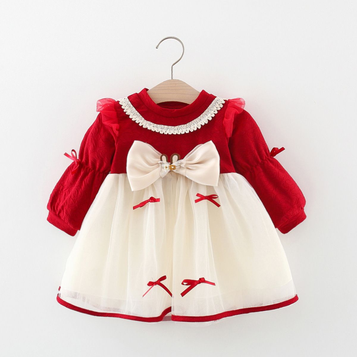 Autumn and Winter Girls' Long-Sleeve Princess Dress with Lace Collar and Bow, Sweet and Stylish Warm Puffy Dress