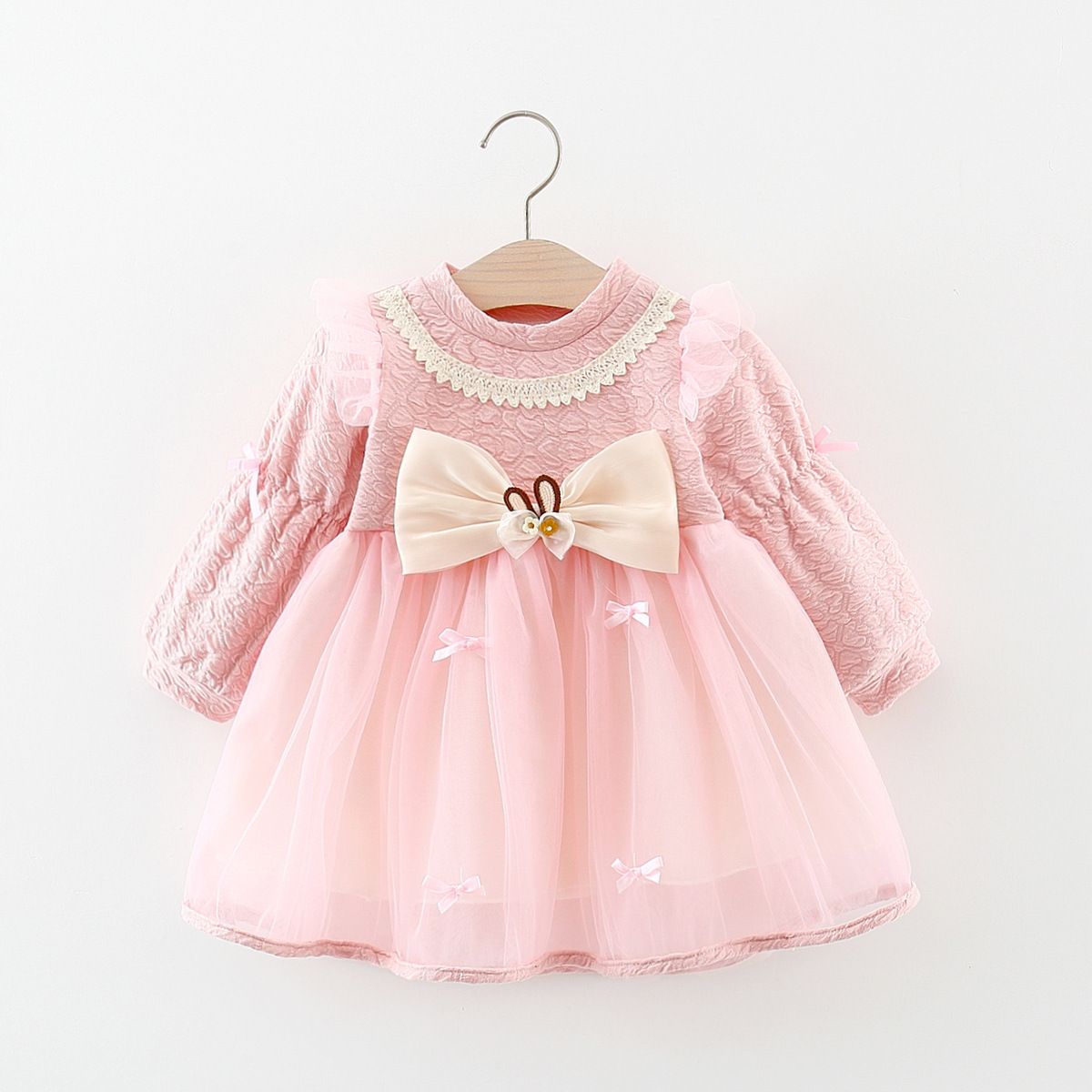 Autumn and Winter Girls' Long-Sleeve Princess Dress with Lace Collar and Bow, Sweet and Stylish Warm Puffy Dress