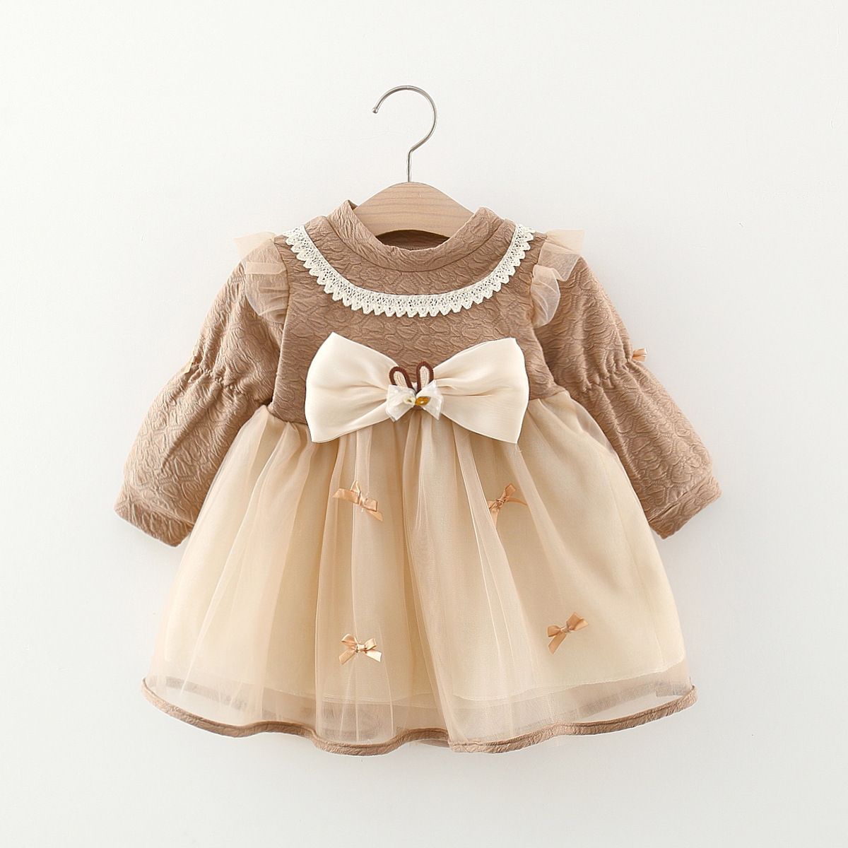 Autumn and Winter Girls' Long-Sleeve Princess Dress with Lace Collar and Bow, Sweet and Stylish Warm Puffy Dress