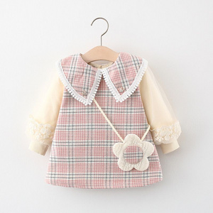 Autumn and Winter Girls' Plaid Patchwork Dress with Lace Long Sleeves, Sweet Princess Dress with Floral Decoration for Kids.