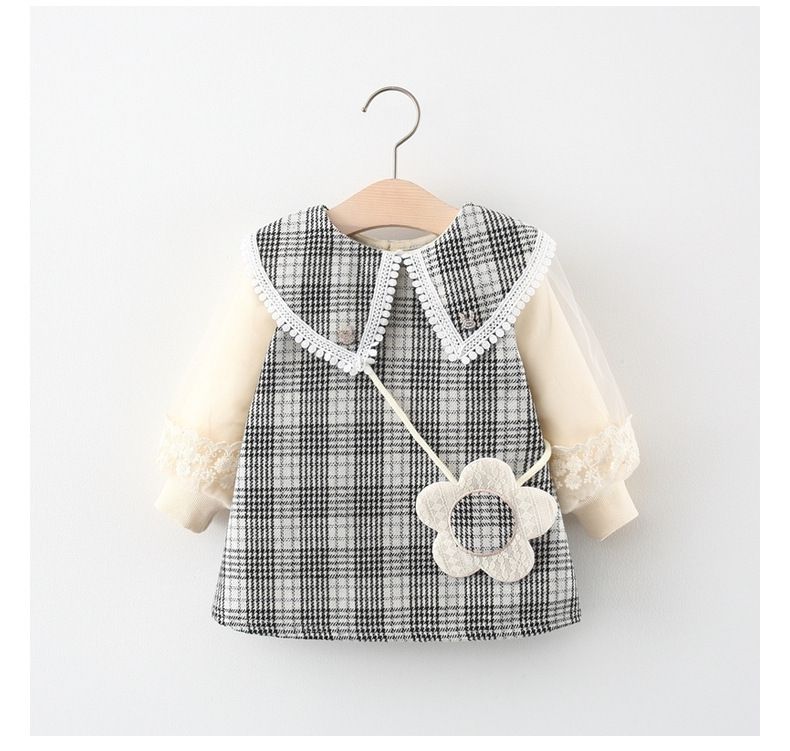 Autumn and Winter Girls' Plaid Patchwork Dress with Lace Long Sleeves, Sweet Princess Dress with Floral Decoration for Kids.