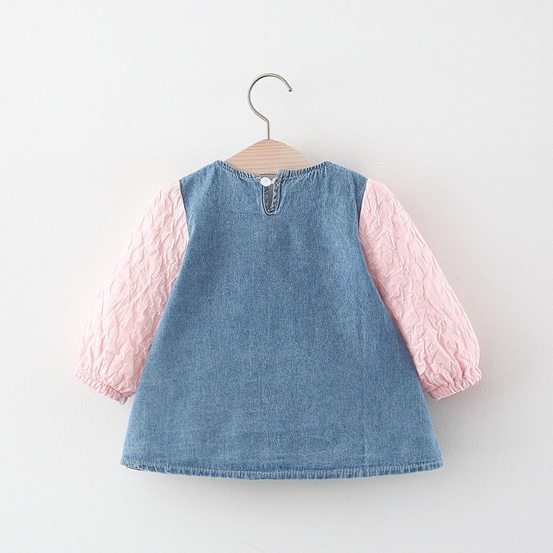 Autumn and Winter Girls' Denim Patchwork Long-Sleeve Dress, Long-Sleeve Bow Princess Dress, Sweet Casual Dress for Kids.