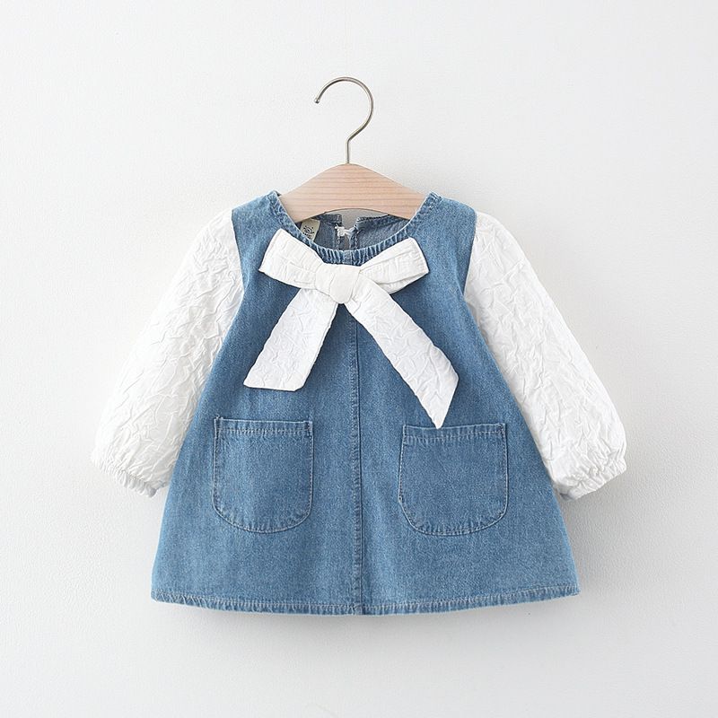 Autumn and Winter Girls' Denim Patchwork Long-Sleeve Dress, Long-Sleeve Bow Princess Dress, Sweet Casual Dress for Kids.