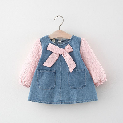 Autumn and Winter Girls' Denim Patchwork Long-Sleeve Dress, Long-Sleeve Bow Princess Dress, Sweet Casual Dress for Kids.