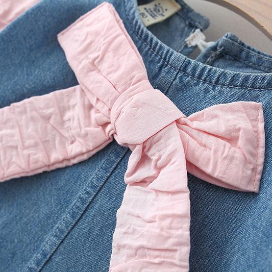 Autumn and Winter Girls' Denim Patchwork Long-Sleeve Dress, Long-Sleeve Bow Princess Dress, Sweet Casual Dress for Kids.