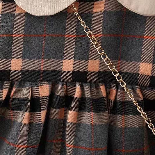 Autumn and Winter Plaid Long-Sleeve Dress, Cute and Stylish Girls' Peter Pan Collar Princess Dress, Trendy Princess Dress