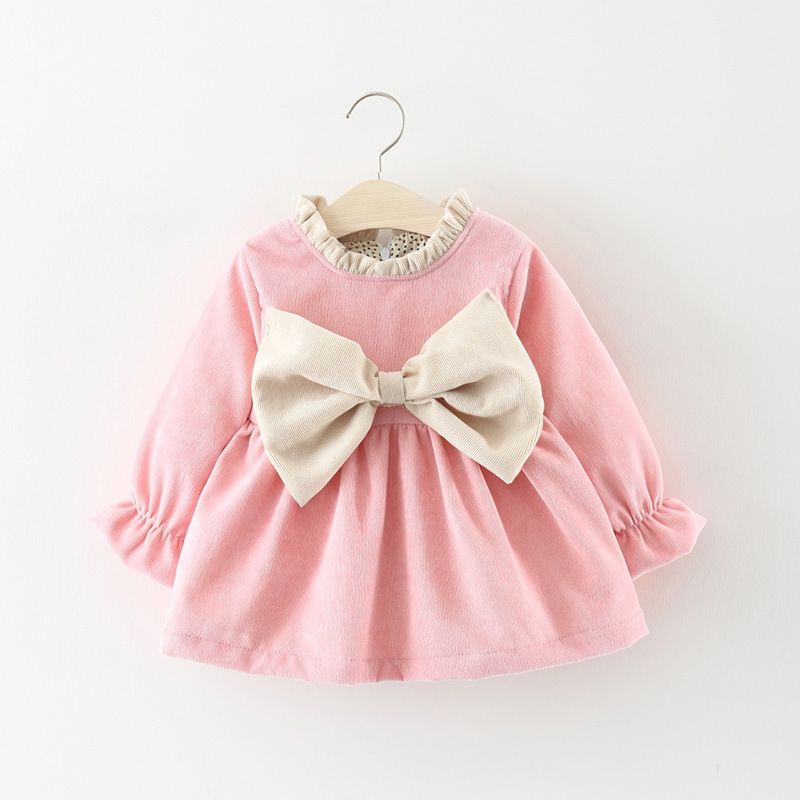 Autumn Winter Girls' Thickened Velvet Dress Long-Sleeve Big Bow Princess Dress Cute Versatile Toddler Dress