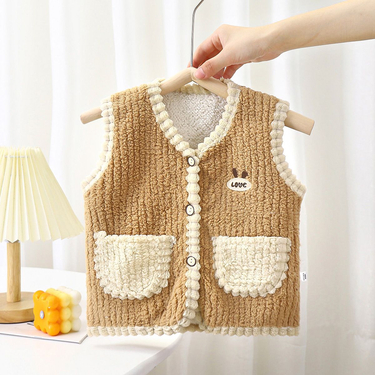 Autumn Winter Toddler Girls' Thickened Puffer Fleece Vest Cute Warm Fashionable Open-Front Colorblock Jacket