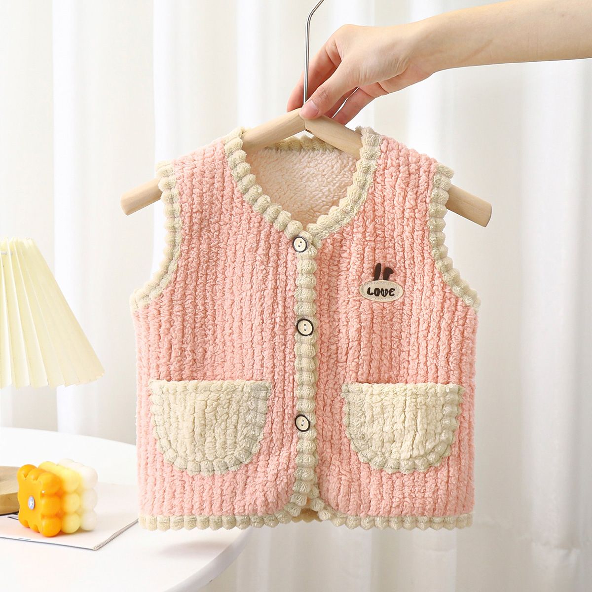 Autumn Winter Toddler Girls' Thickened Puffer Fleece Vest Cute Warm Fashionable Open-Front Colorblock Jacket