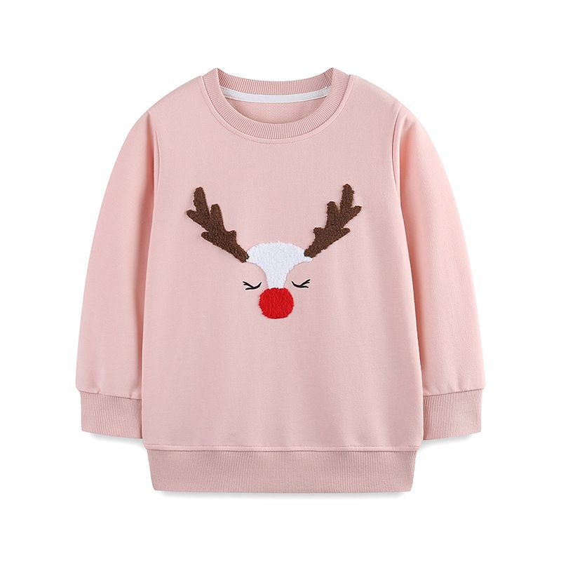 Autumn Winter Girls' Fleece-Lined Christmas Reindeer Long-Sleeve Sweatshirt Cute Crewneck Top Holiday Warm Kidswear