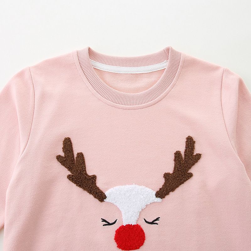 Autumn Winter Girls' Fleece-Lined Christmas Reindeer Long-Sleeve Sweatshirt Cute Crewneck Top Holiday Warm Kidswear