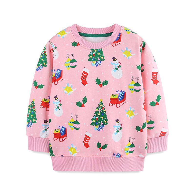 Autumn Christmas Girls' Pink Crewneck Long-Sleeve Sweatshirt Cute Christmas Print Fashion Kids Pullover