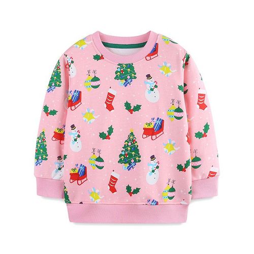 Autumn Christmas Girls' Pink Crewneck Long-Sleeve Sweatshirt Cute Christmas Print Fashion Kids Pullover