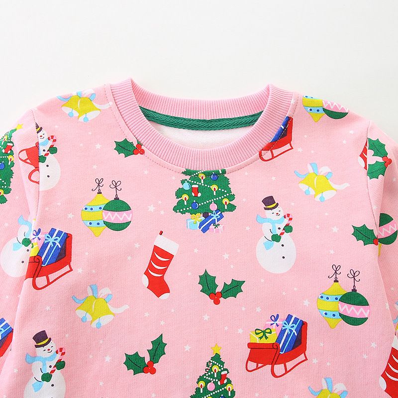 Autumn Christmas Girls' Pink Crewneck Long-Sleeve Sweatshirt Cute Christmas Print Fashion Kids Pullover