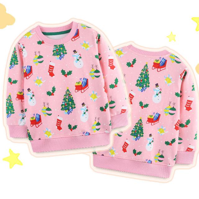 Autumn Christmas Girls' Pink Crewneck Long-Sleeve Sweatshirt Cute Christmas Print Fashion Kids Pullover