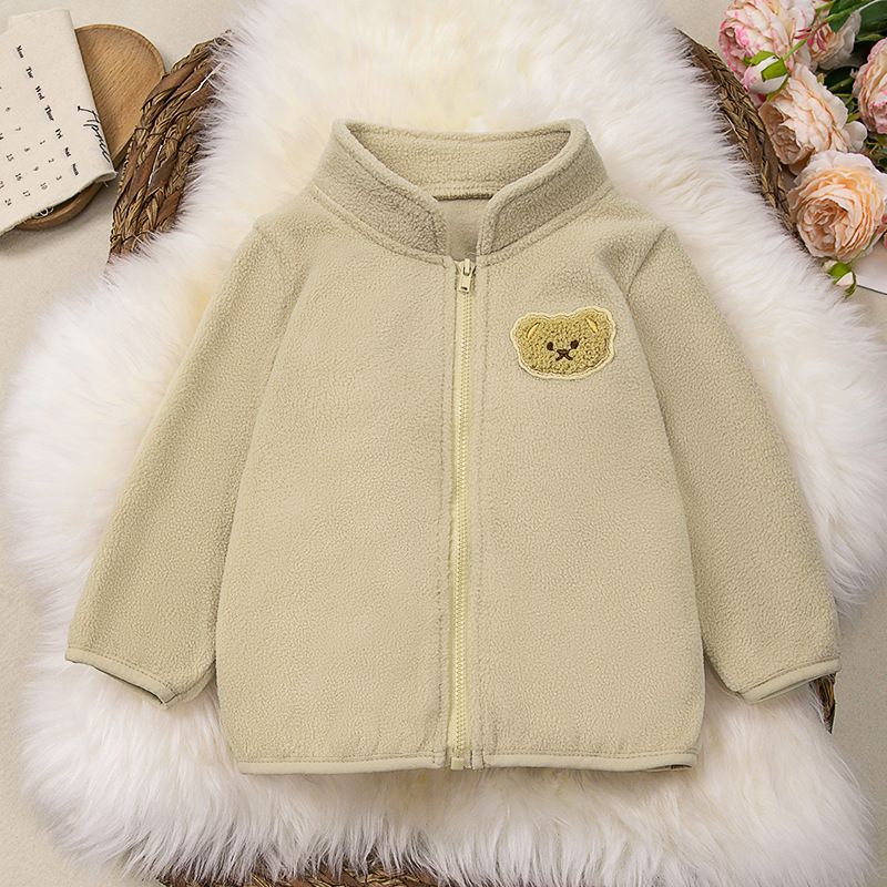 Autumn Winter Kids' Coral Fleece Jacket Cartoon Bear Embroidery Stand Collar Coat Warm Double-Sided Fleece Girls' Zip-Up Top