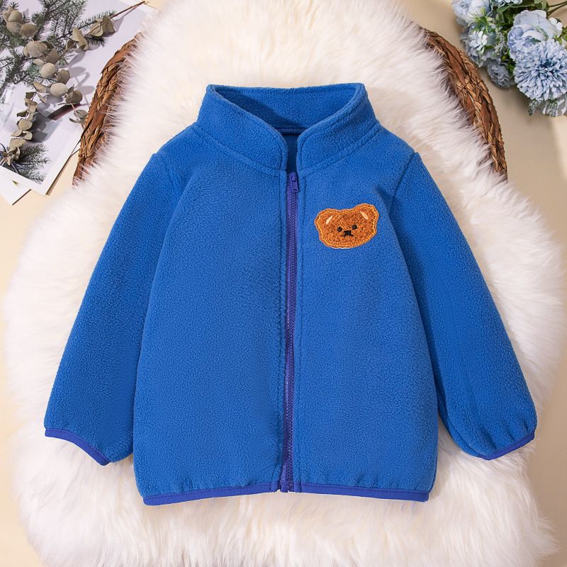 Autumn Winter Kids' Coral Fleece Jacket Cartoon Bear Embroidery Stand Collar Coat Warm Double-Sided Fleece Girls' Zip-Up Top