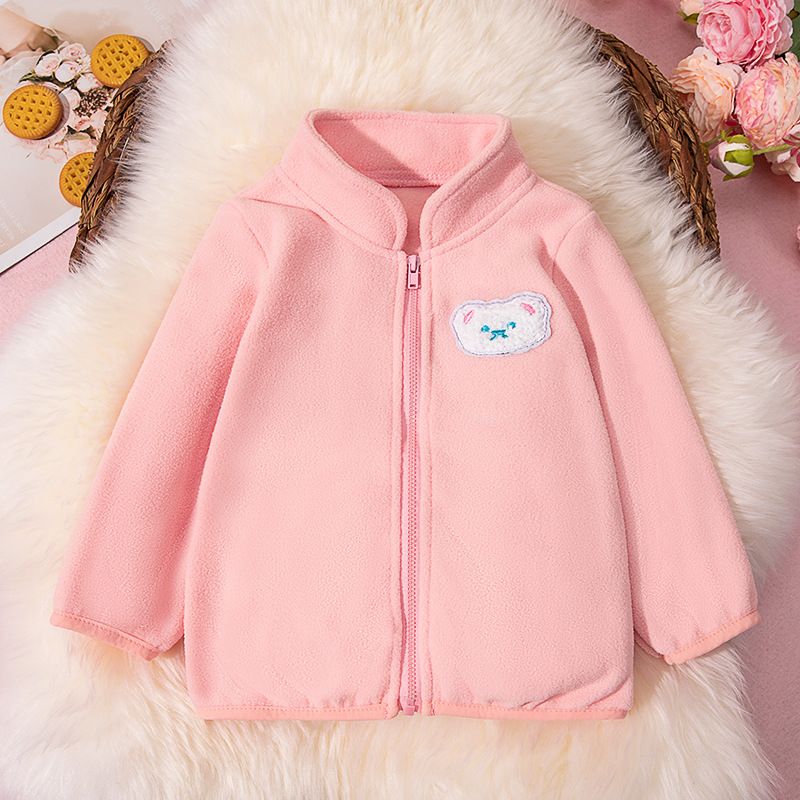 Autumn Winter Kids' Coral Fleece Jacket Cartoon Bear Embroidery Stand Collar Coat Warm Double-Sided Fleece Girls' Zip-Up Top