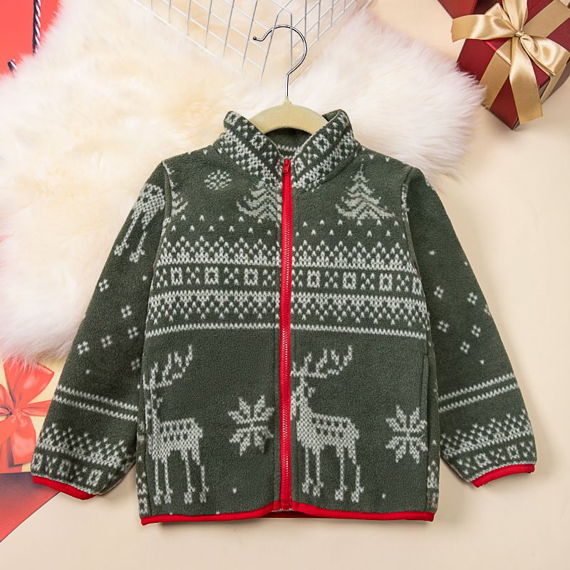 Winter Kids' Fleece Jacket Christmas Print Stand Collar Coat Warm Double-Sided Fleece Girls' Zip-Up Top