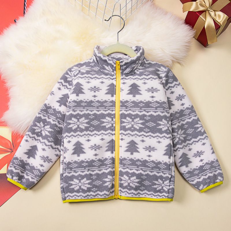 Winter Kids' Fleece Jacket Christmas Print Stand Collar Coat Warm Double-Sided Fleece Girls' Zip-Up Top