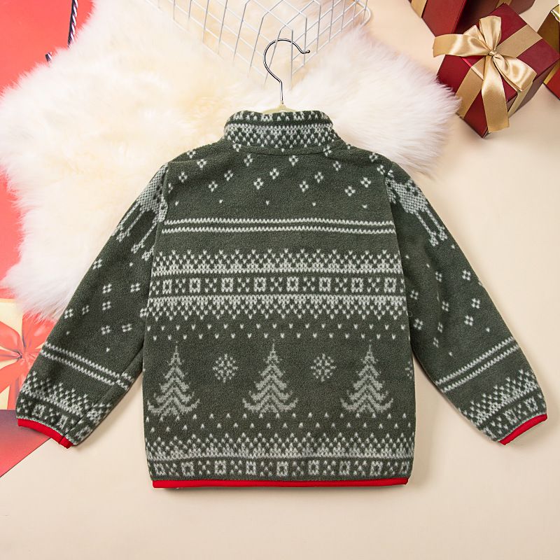 Winter Kids' Fleece Jacket Christmas Print Stand Collar Coat Warm Double-Sided Fleece Girls' Zip-Up Top