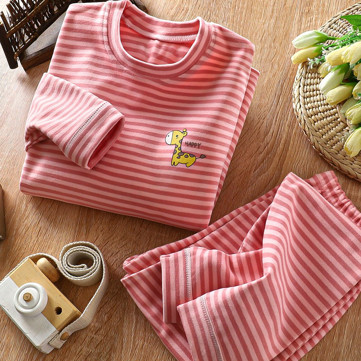 Autumn Striped Bear Loungewear Set Girls' Long-Sleeve Cotton Pajama Set with Pants, Cute Cartoon Design