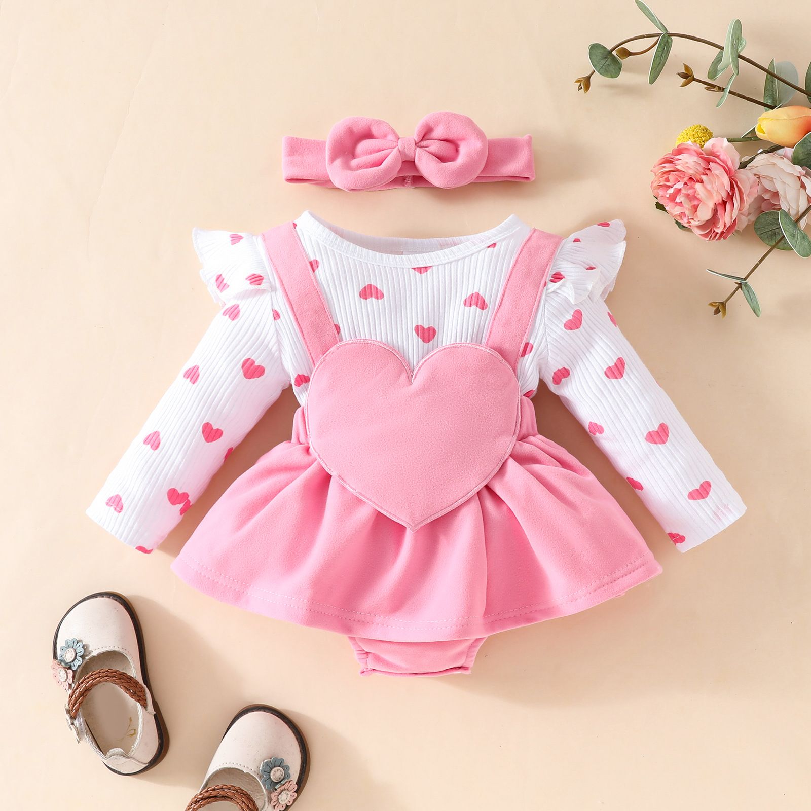 Autumn Winter Baby Heart Suspender Skirt Set Valentine's Day Long Sleeve Romper with Headband Cute Princess Dress for Baby Girls