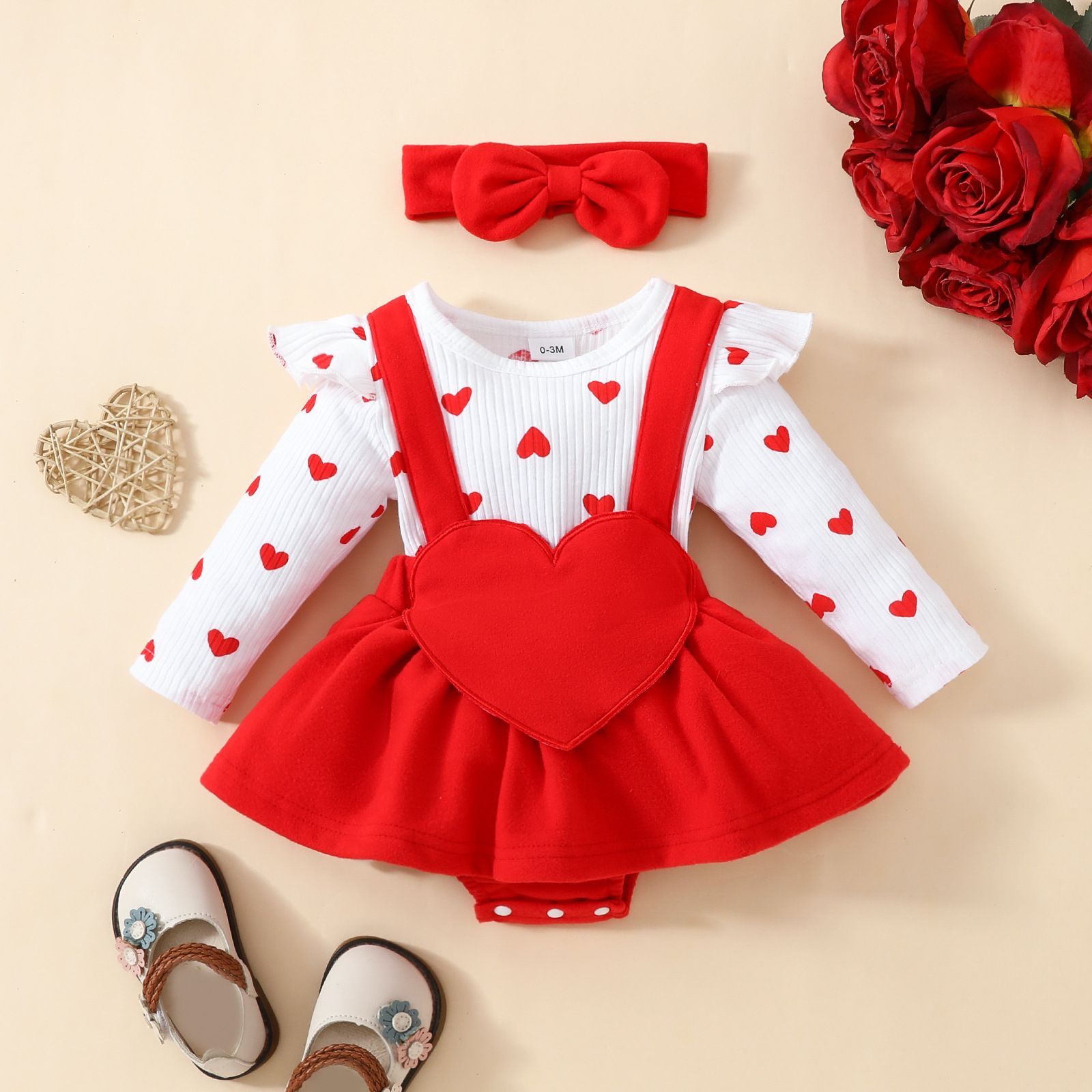 Autumn Winter Baby Heart Suspender Skirt Set Valentine's Day Long Sleeve Romper with Headband Cute Princess Dress for Baby Girls