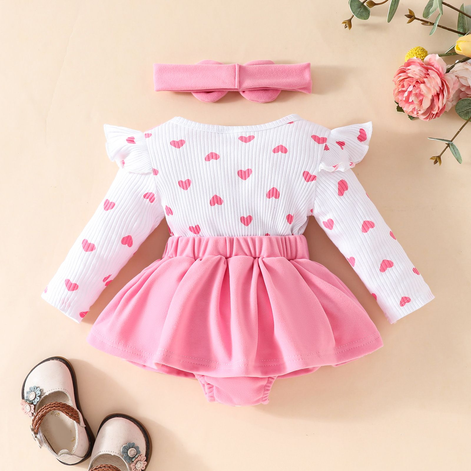 Autumn Winter Baby Heart Suspender Skirt Set Valentine's Day Long Sleeve Romper with Headband Cute Princess Dress for Baby Girls