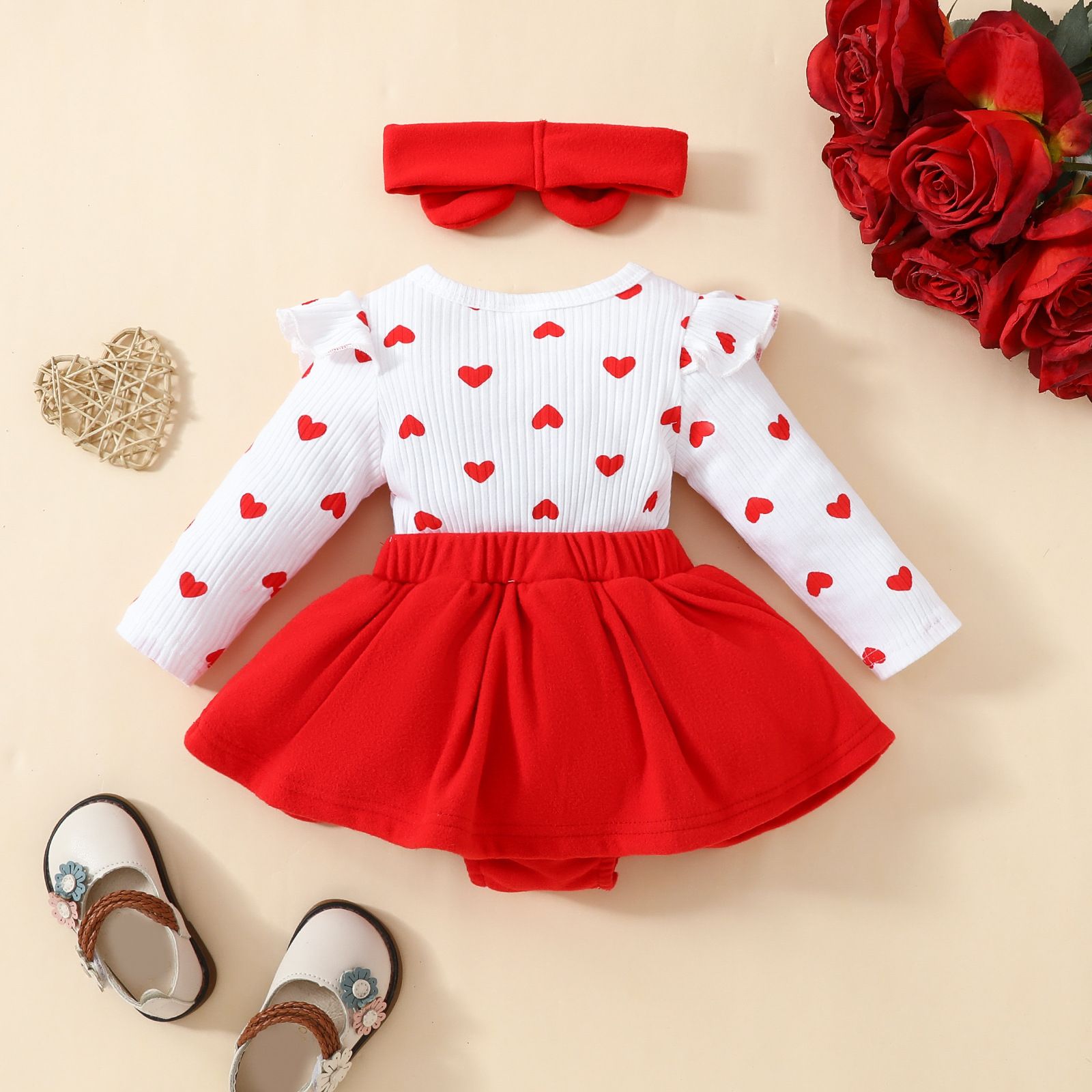 Autumn Winter Baby Heart Suspender Skirt Set Valentine's Day Long Sleeve Romper with Headband Cute Princess Dress for Baby Girls