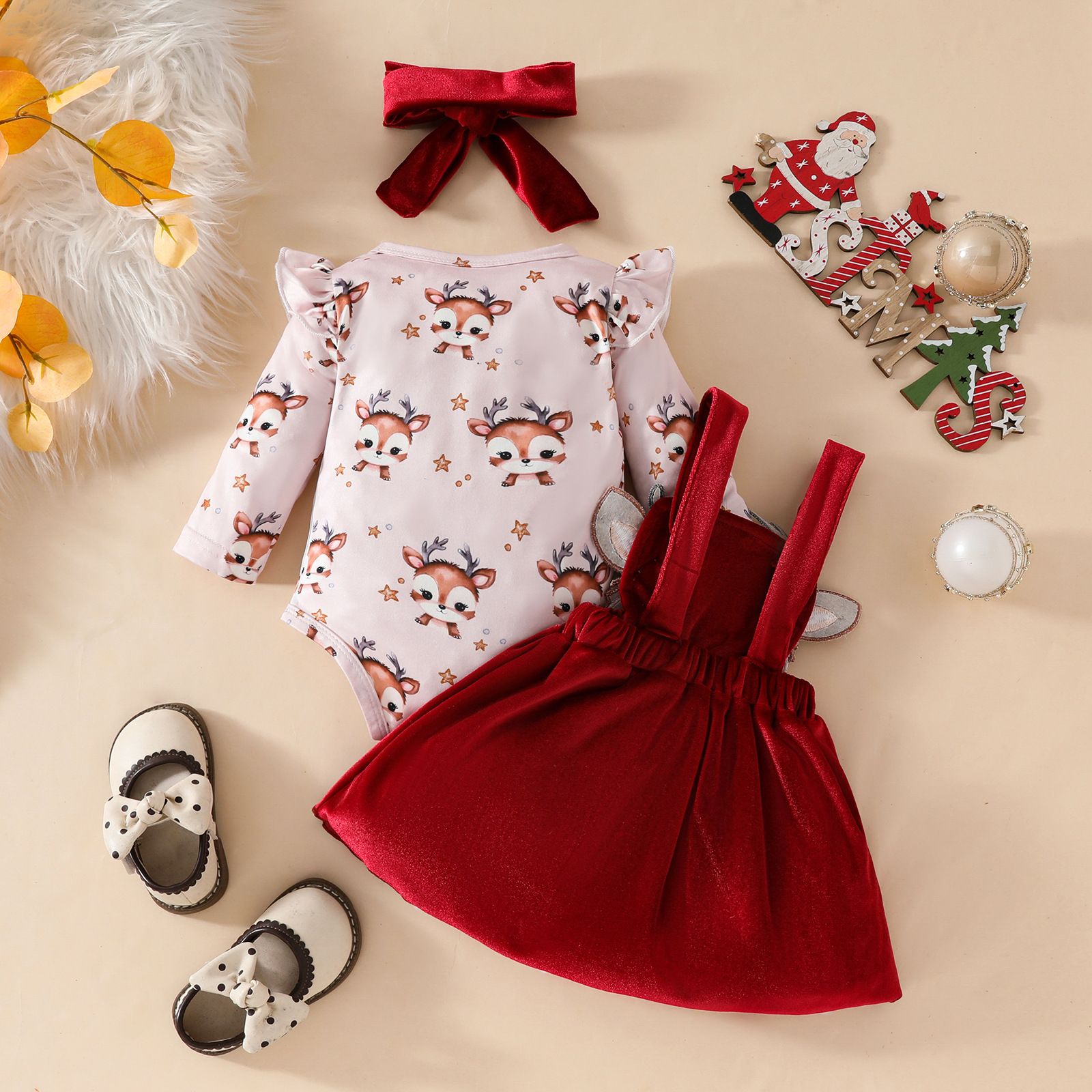 Christmas Baby Reindeer Suspender Skirt Set Autumn Winter Long Sleeve Romper with Headband Cute Princess Dress for Baby Girls