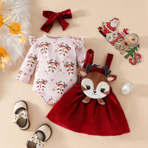 Christmas Baby Reindeer Suspender Skirt Set Autumn Winter Long Sleeve Romper with Headband Cute Princess Dress for Baby Girls