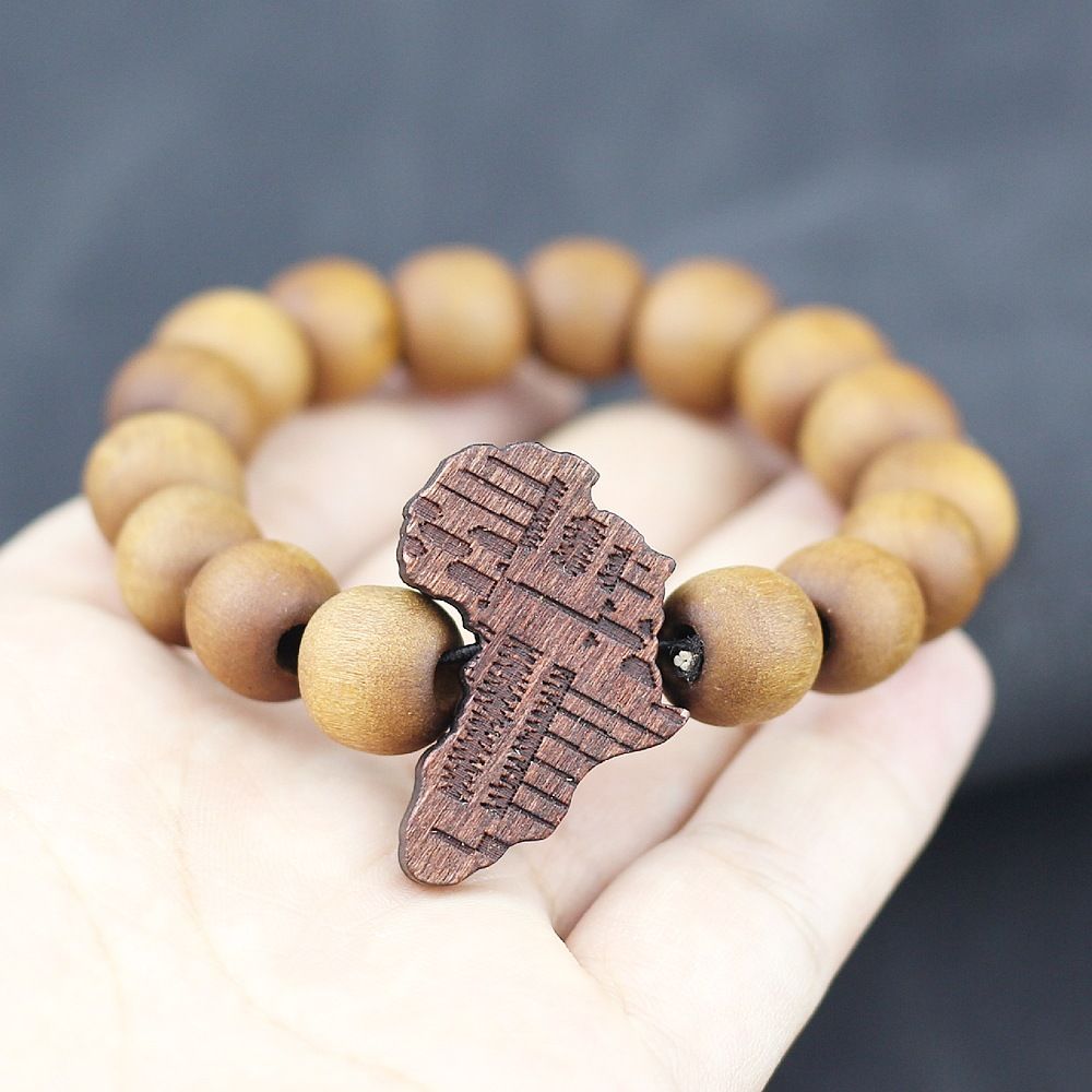 Handmade Africa Map Pendant Bracelet, Wooden Carved Africa Map, Creative Wooden Beads Beaded Bracelet for Men Women