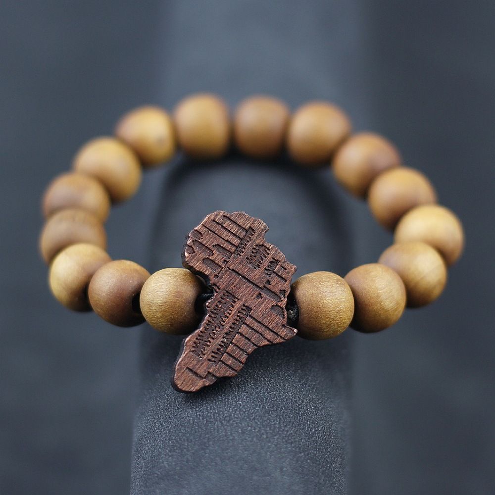 Handmade Africa Map Pendant Bracelet, Wooden Carved Africa Map, Creative Wooden Beads Beaded Bracelet for Men Women