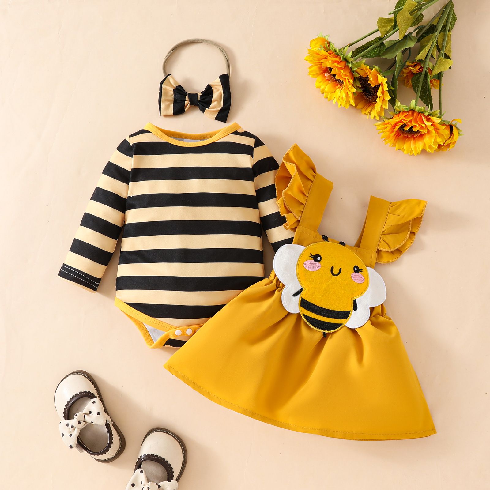 Autumn Cute Girl's Bee Dress Long-Sleeve Set, Striped Long-Sleeve Romper with Adorable Bee Suspender Skirt, Casual Outfit