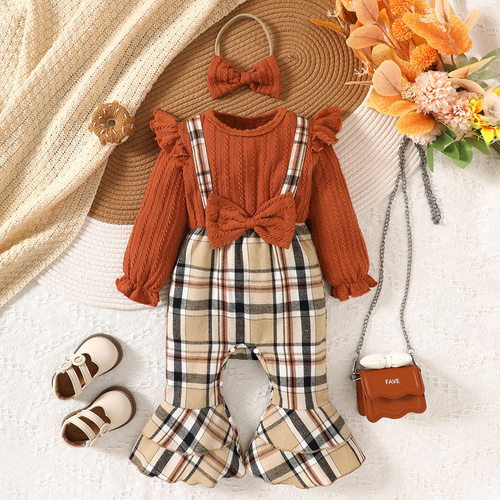 Autumn Girl's Plaid Suspender Pants Set, Orange Long-Sleeve Top with Plaid Flared Pants, Sweet Casual Outfit